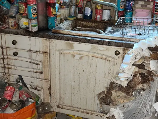 Hoarded kitchen and living rooms before clearance