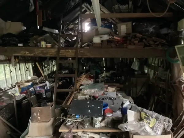 Overgrown yard and workshop before clearance