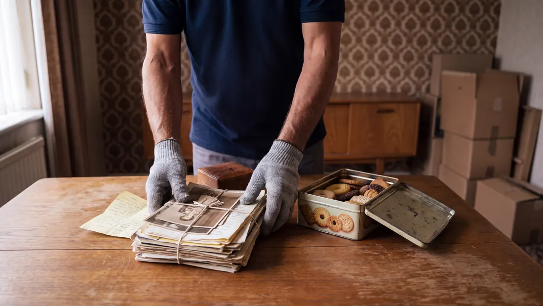 Gloved hands setting aside photographs, letters and a keepsake tin